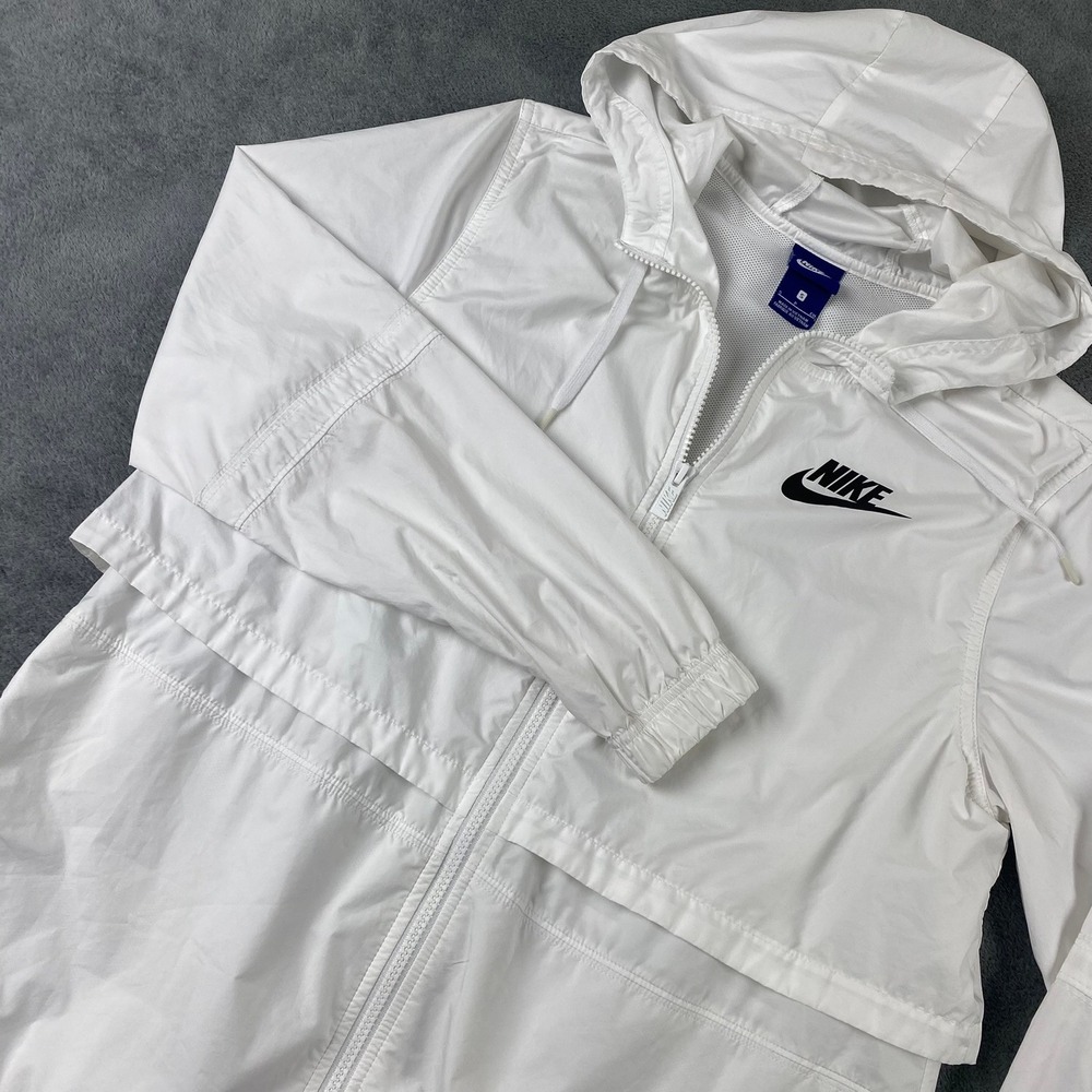 Nike Women S Windbreaker Jacket White Full Zip Hooded Mesh Lined Sportswear